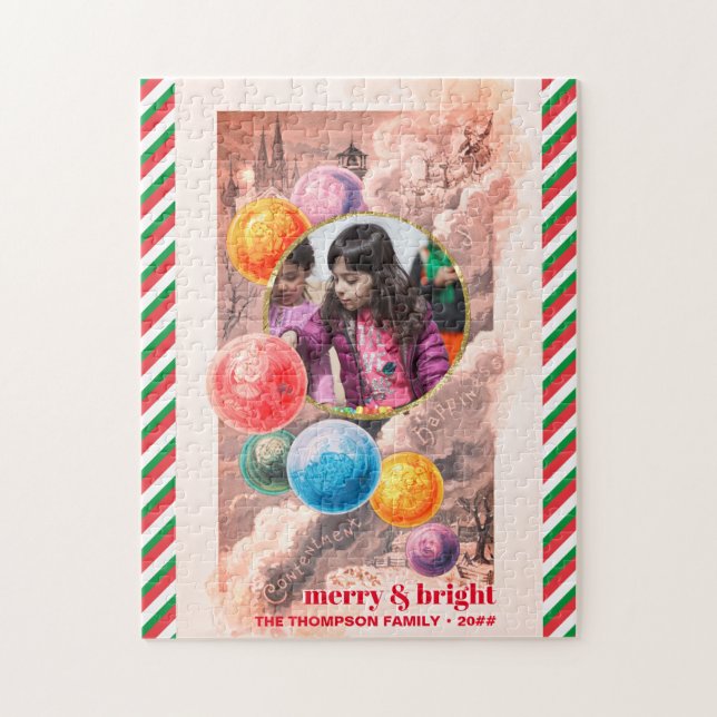 Merry & Bright Chic Family Foto Weihnachtsblasen (Vertikal)