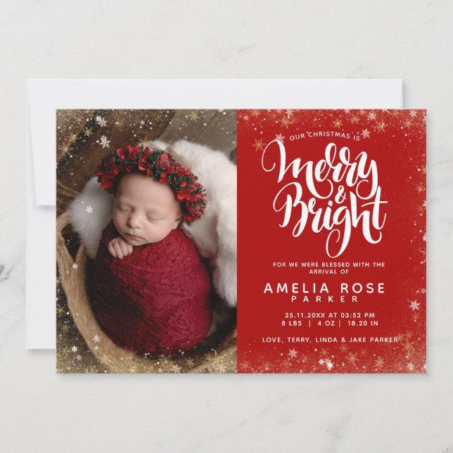 Merry Bright Christmas Baby Foto Snowflake Birth Ankündigung (Vorderseite)