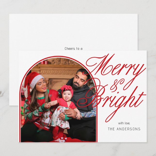 Merry & Bright Christmas Family Foto Feiertagskarte (Vorne/Hinten)