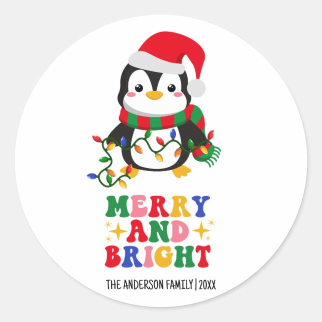 Merry & Bright Christmas Penguin Runder Aufkleber (Vorderseite)
