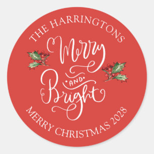 Merry Bright Christmas Red Personalisiert Party Runder Aufkleber