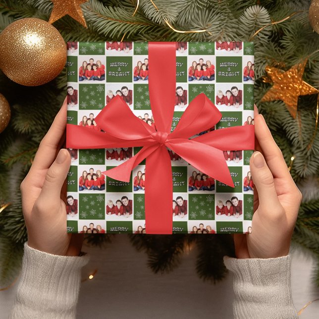 Merry & Bright Christmas Snowflake Foto Green Geschenkpapier Set (Von Creator hochgeladen)