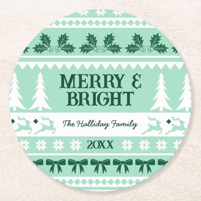 Merry & Bright Christmas Sweater Minze Green Runder Pappuntersetzer (Vorderseite)