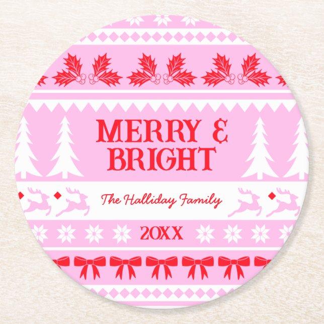 Merry & Bright Christmas Sweater Rosa und Rot Runder Pappuntersetzer (Vorderseite)