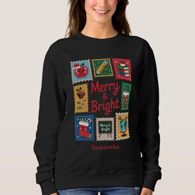 Merry & Bright Christmas Teacher Collage Black Sweatshirt (Vorderseite)
