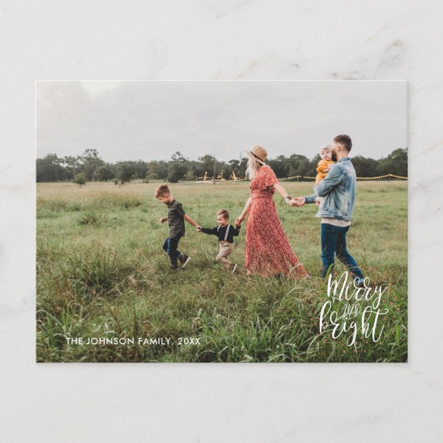 Merry & Bright Christmas Typografy Foto Postcard Postkarte (Vorderseite)