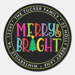 Merry & Bright Colorful Christmas Address Label Runder Aufkleber