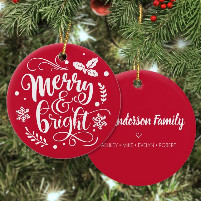 Merry & Bright Custom Familienname Red Christmas Keramik Ornament (Von Creator hochgeladen)