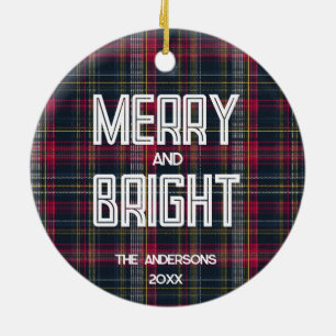 Merry & Bright Custom Tartan Family Foto Holiday Keramik Ornament