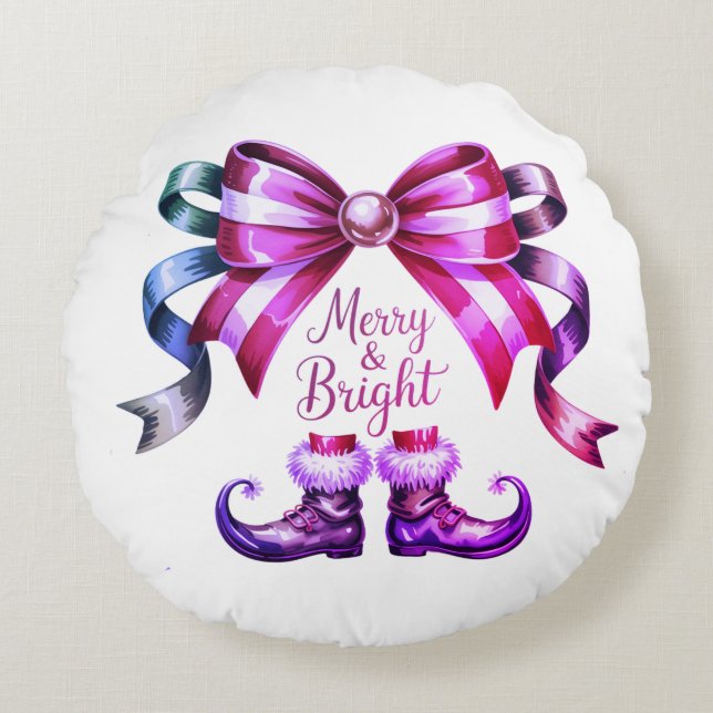 Merry & Bright Enchanted Bow & Elf Shoes  Rundes Kissen (Vorderseite)