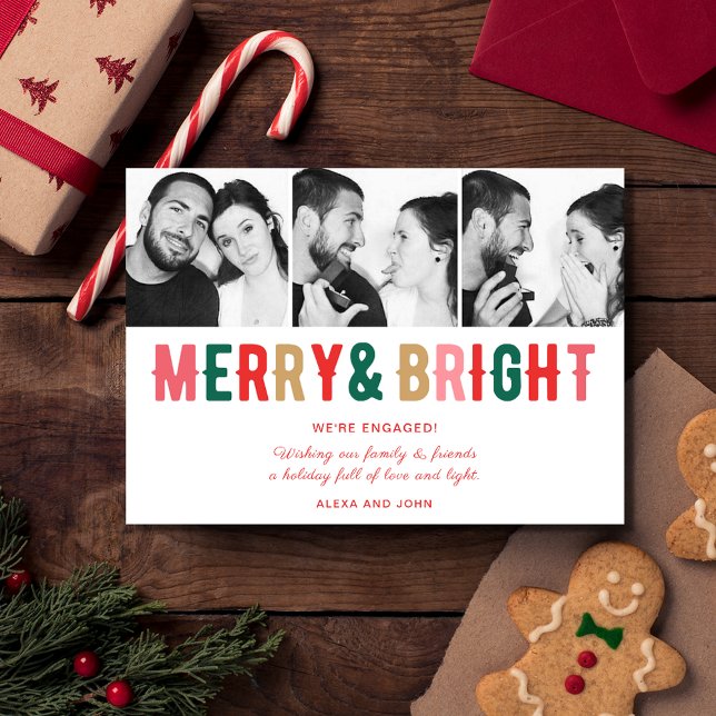 Merry Bright Engagement Announcement Christmas Feiertagskarte (Merry Bright Couple's Snowflake Photo Christmas Holiday Card)