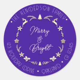 Merry Bright Familienadresse Deer Gold Wreath Blue Runder Aufkleber