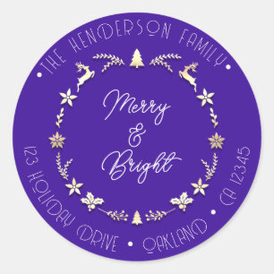 Merry Bright Familienadresse Deer Gold Wreath Blue Runder Aufkleber