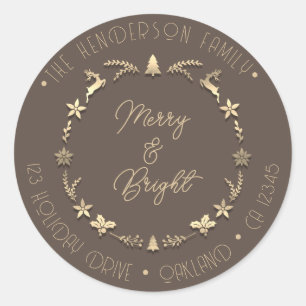 Merry Bright Familienadresse Deer Stars Gold Brown Runder Aufkleber