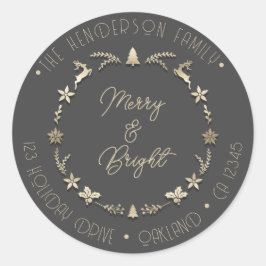 Merry Bright Familienadresse Deer Stars Gold Gray Runder Aufkleber