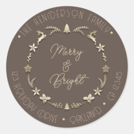 Merry Bright Familienadresse Deer Stars Gold Sepia Runder Aufkleber