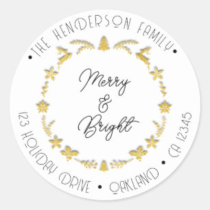 Merry Bright Familienadresse Deer Stars Gold White Runder Aufkleber
