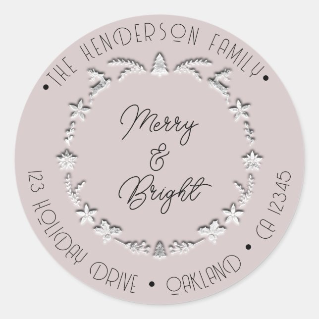Merry Bright Familienadresse Deer Stars Silver Ros Runder Aufkleber (Vorderseite)