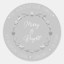 Merry Bright Familienadresse Deer Wreath Silver Runder Aufkleber