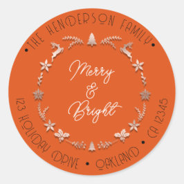 Merry Bright Familienadresse Wreath Deer RoseOrang Runder Aufkleber