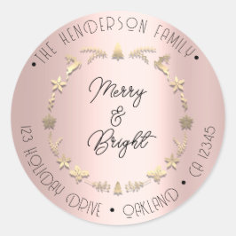 Merry Bright Familienadresse Wreath Gold Rose Runder Aufkleber
