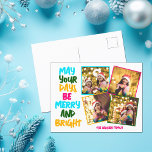 Merry Bright farbenfrohe Weihnachten 4 Foto Collag<br><div class="desc">Niedliche und fröhliche Foto-Collage Urlaubskarten mit einem farbenfrohen Strang von Weihnachtsbeleuchtung umhüllt von Ihrem Kinderfoto. Mögen Ihre Tage fröhlich und hell geschrieben in fett gedruckten Buchstaben von hellblau bis zu Ihrem Familiennamen in heißen Rosa. Ein farbenfroher Regenbogen für die Ferien. Fügen Sie Ihre Lieblings-4 Fotos hinzu.</div>