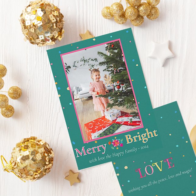 Merry Bright farbiges Foto Weihnachten (
Merry and Bright green and pink Christmas Greeting card that you can easily personalize with your o)