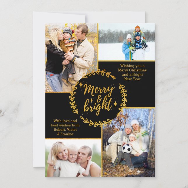 Merry & Bright Foto Collage Black Gold Weihnachten (Vorderseite)