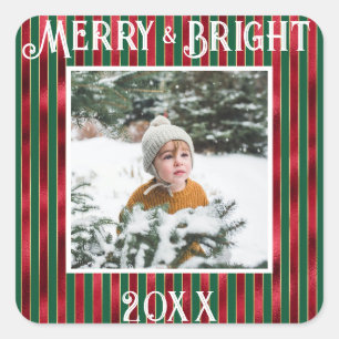 Merry & Bright Foto Red Green Metallic Quadratischer Aufkleber
