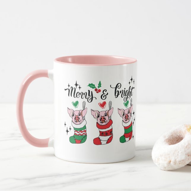 Merry Bright fügen monogramm Schwein Weihnachten Tasse (Mit Donut)
