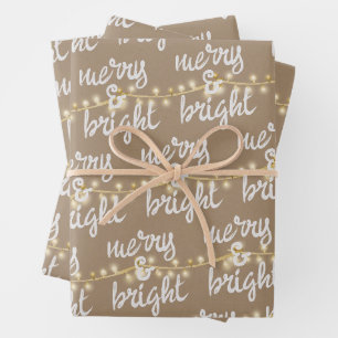 Merry & Bright Gold Weihnachtsbaum Lights Kraft Geschenkpapier Set