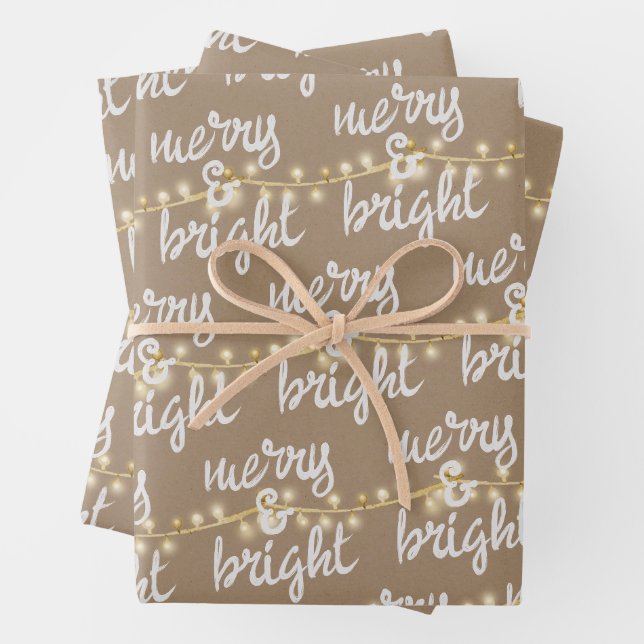 Merry & Bright Gold Weihnachtsbaum Lights Kraft Geschenkpapier Set (Beispiel)