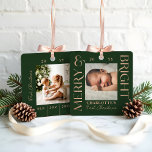 Merry & Bright Green Baby First Christmas Fotos Ornament Aus Metall<br><div class="desc">Feiern Sie mit dem Merry & Bright Pink Baby First Christmas Zwei-Foto-Ornament aus Moodthology Papery das erste Weihnachtsfest Ihres Babys. Dieses atemberaubende Ornament zeigt den Zauber dieses Meilensteins mit einer Kombination aus stilvollem Design und herzlicher Personalisierung. Auf der Vorderseite steht die fröhliche Botschaft "Merry & Bright" in fett gedruckter, moderner...</div>
