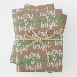 Merry & Bright Green Christmas Tree Lights Kraft Geschenkpapier Set