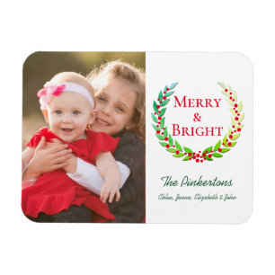 Merry & Bright Green Laurel Wreath Foto Holiday Magnet