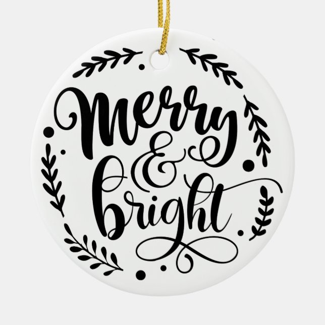 Merry & Bright Hand Script | B&W Keramik Ornament (Vorne)