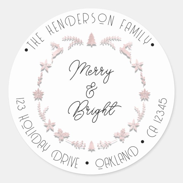 Merry Bright Holiday Address Wreath Deer PinkWhite Runder Aufkleber (Vorderseite)