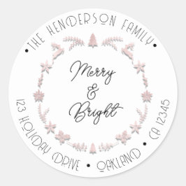 Merry Bright Holiday Address Wreath Deer PinkWhite Runder Aufkleber