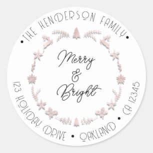 Merry Bright Holiday Address Wreath Deer PinkWhite Runder Aufkleber