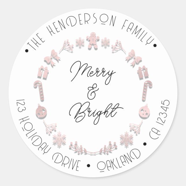 Merry Bright Holiday Address Wreath Deer PinkWhite Runder Aufkleber (Vorderseite)