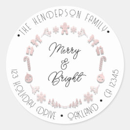 Merry Bright Holiday Address Wreath Deer PinkWhite Runder Aufkleber
