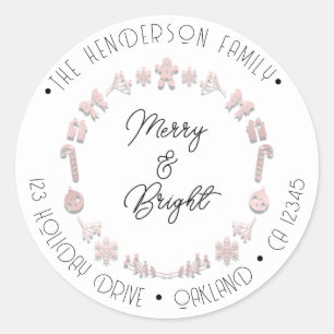 Merry Bright Holiday Address Wreath Deer PinkWhite Runder Aufkleber