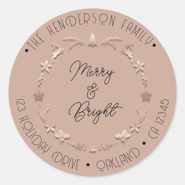 Merry Bright Holiday Address Wreath Deer Rose Runder Aufkleber (Vorderseite)
