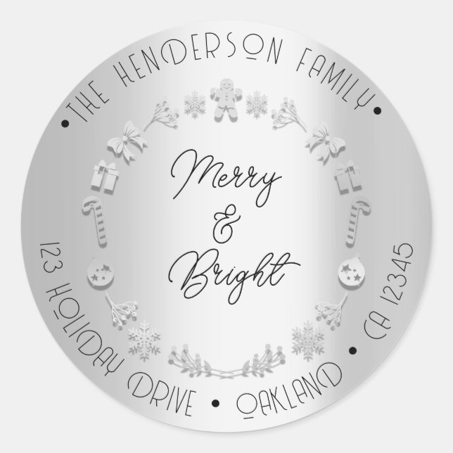 Merry Bright Holiday Address Wreath Silver Gray Runder Aufkleber (Vorderseite)