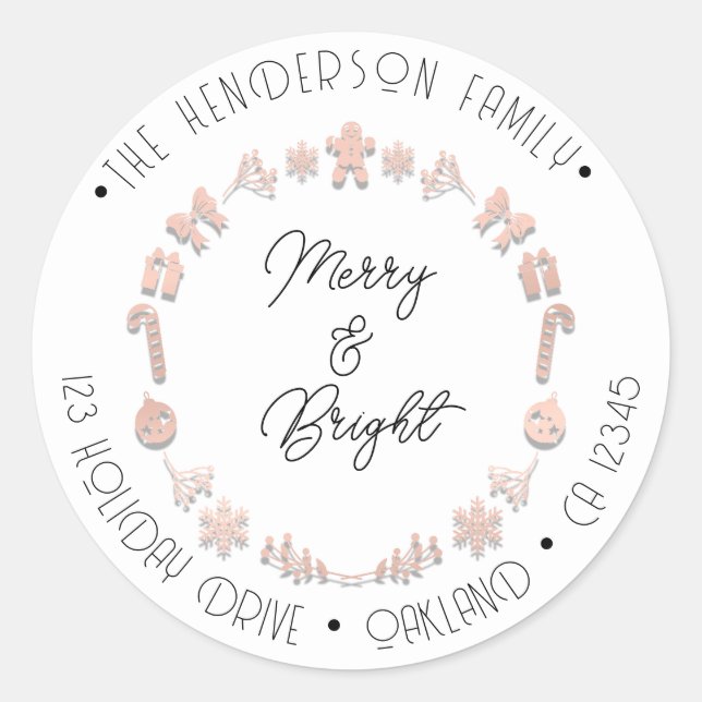 Merry Bright Holiday Adresse Wreath Deer Pink Rose Runder Aufkleber (Vorderseite)