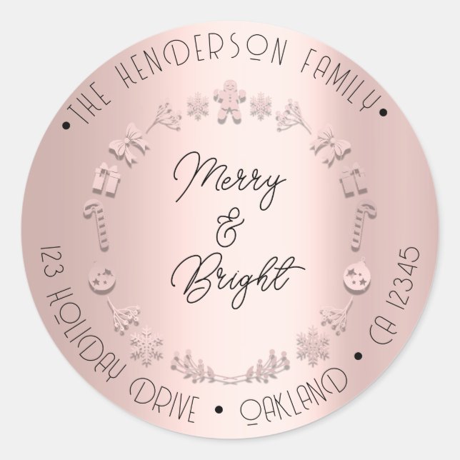 Merry Bright Holiday Adresse Wreath Deer Pink Rose Runder Aufkleber (Vorderseite)