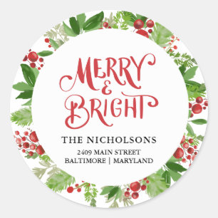 Merry & Bright Holiday Wreath Script Runder Aufkleber