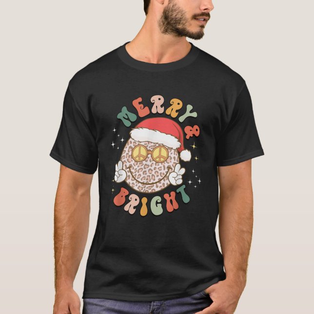 Merry Bright Leopard Pattern Smile Face Weihnachts T-Shirt (Vorderseite)