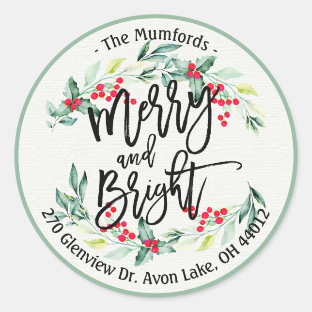 Merry Bright Merry Christmas Holly Floral Address Runder Aufkleber (Vorderseite)