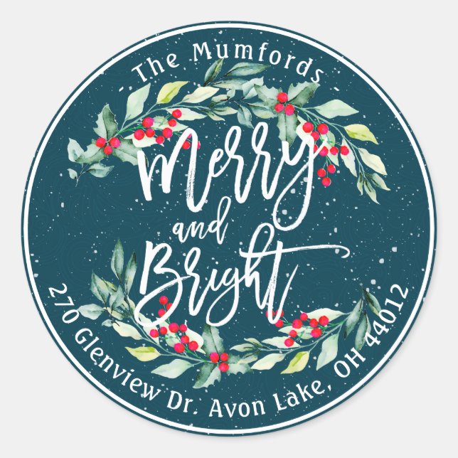 Merry Bright Merry Christmas Holly Floral Address Runder Aufkleber (Vorderseite)